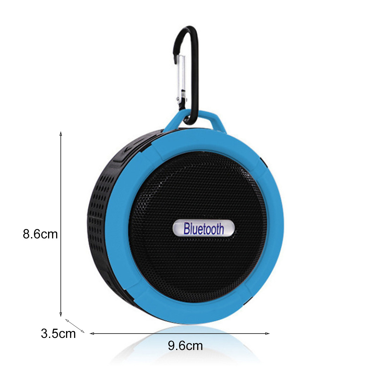 Ein kleiner blau-schwarzer Bluetooth-Lautsprecher mit einem schwarzen Karabinerhaken.