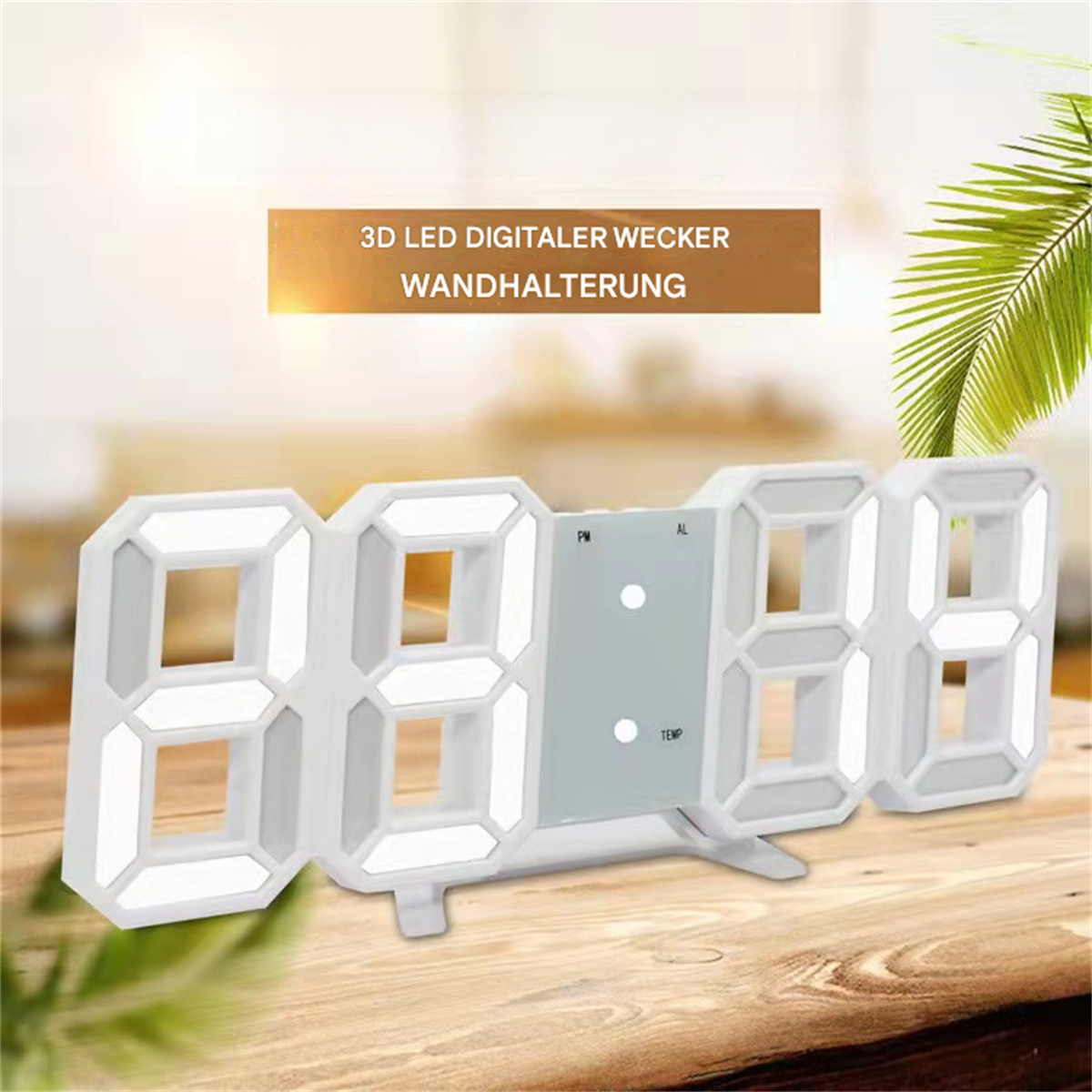 Digitaluhr, weiß mit großen LED-Ziffern. Die Anzeige zeigt die Uhrzeit. Auf der Uhr steht 'WANDHALTERUNG'.