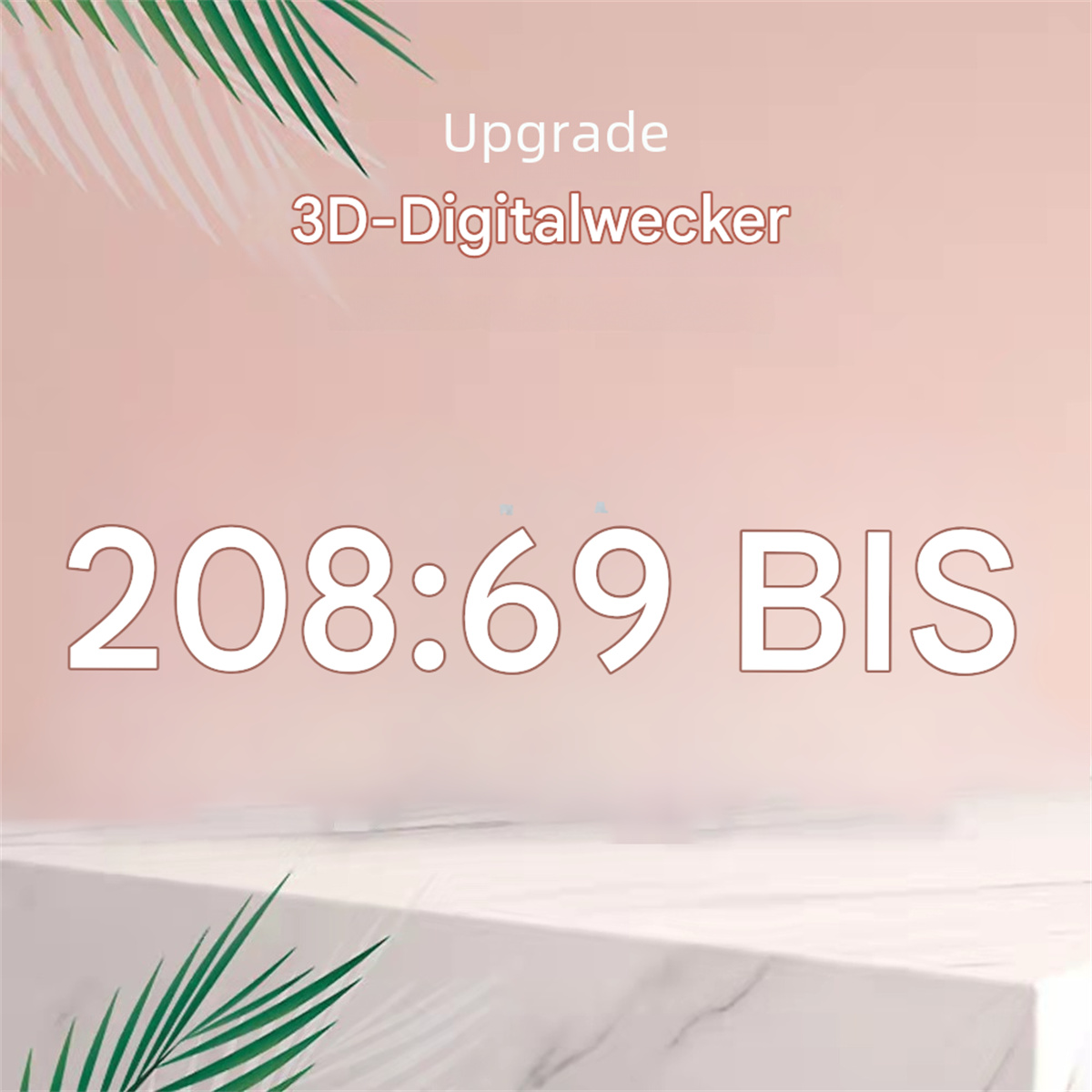 Eine Digitaluhr zeigt die Zeit an, mit Text und Palmblättern im Hintergrund.