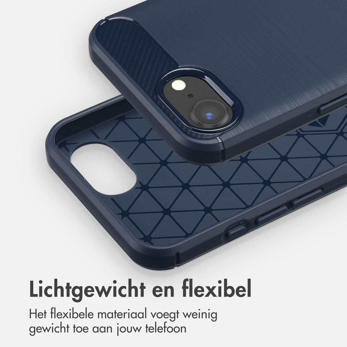 Custodia per telefono, blu navy con design in fibra di carbonio e geometrico.