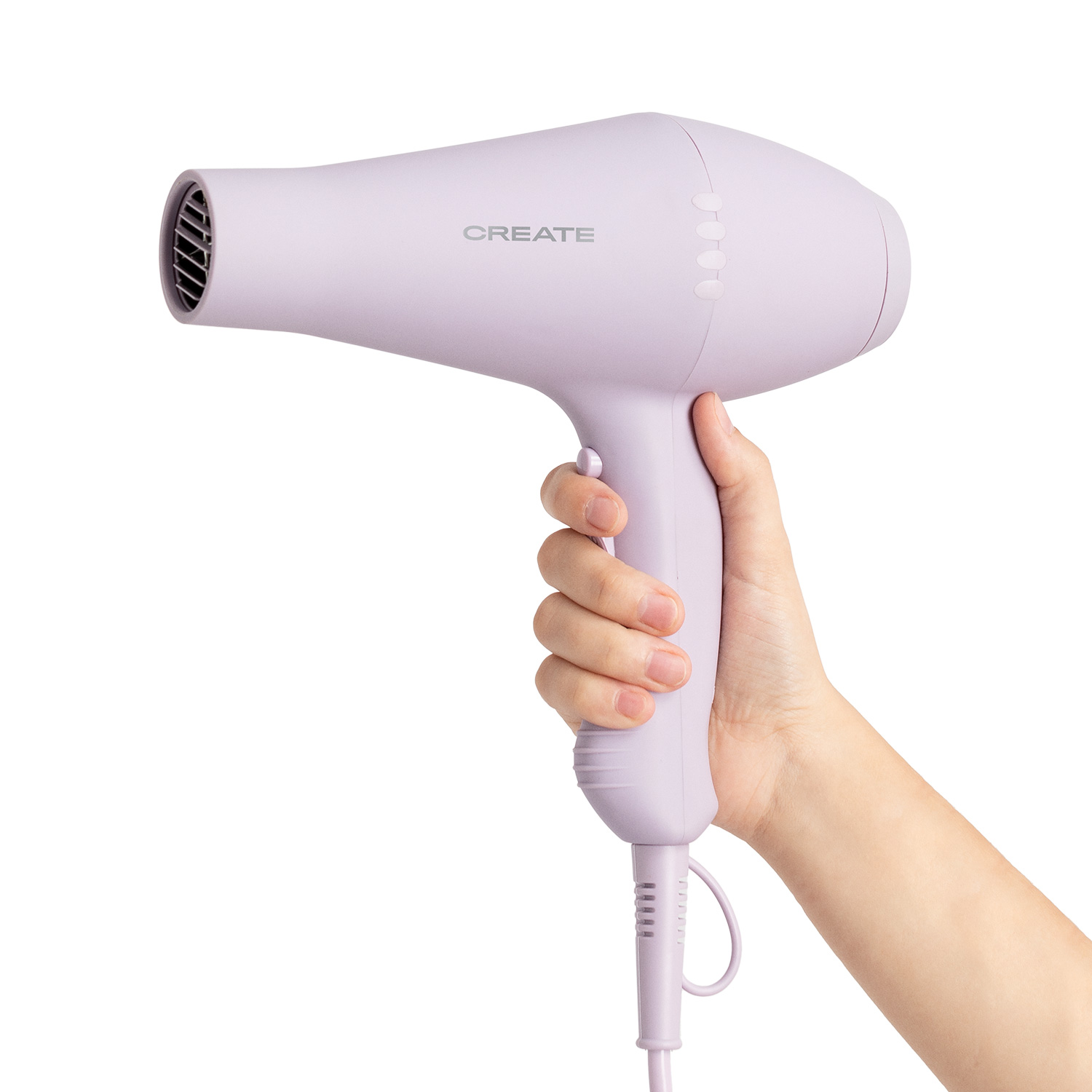 Un secador de pelo morado sostenido en una mano.