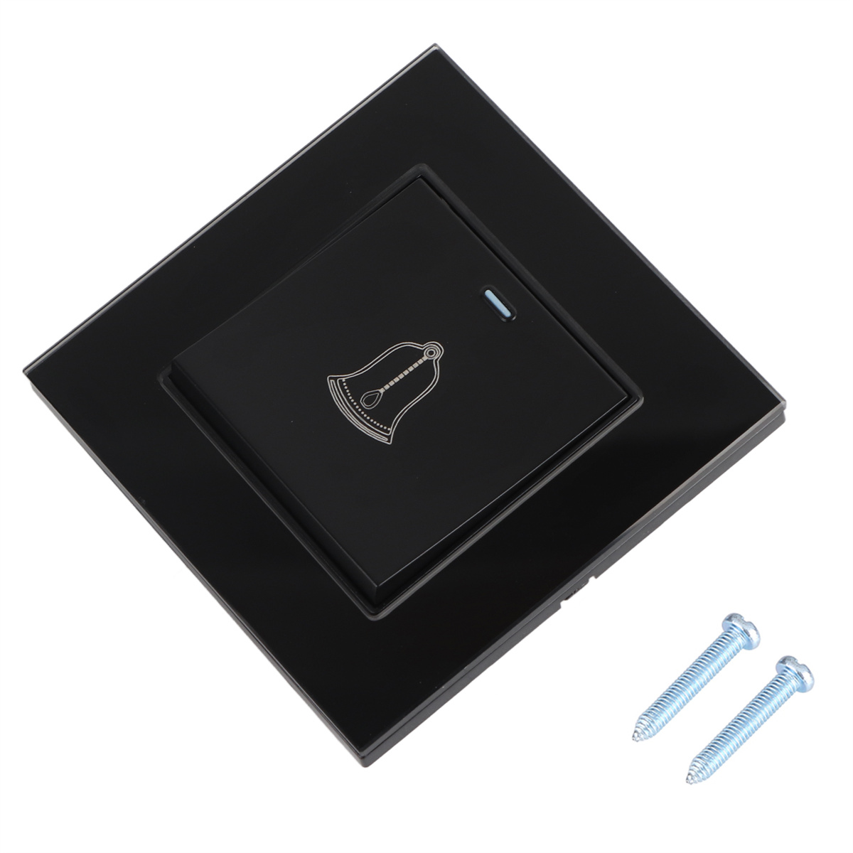 Schwarze Türklingel mit Glockensymbol und Schrauben.