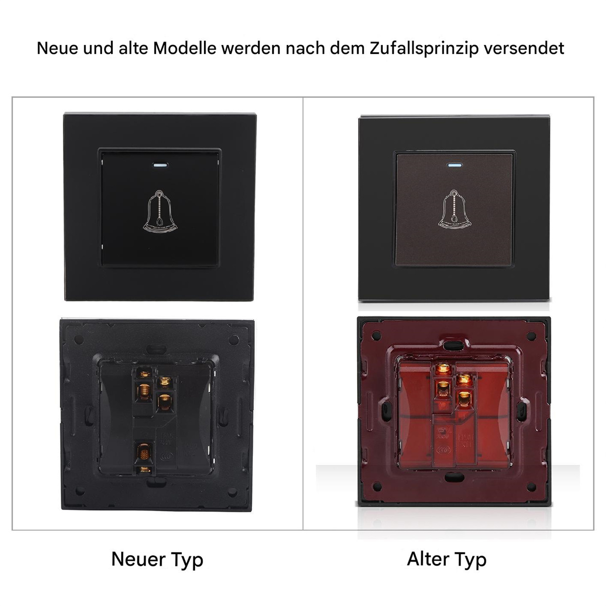 Zwei Lichtschalter. Einer ist schwarz mit einer Glocke, der andere ist dunkelbraun mit einer Glocke. Text: Neuer Typ, Alter Typ.