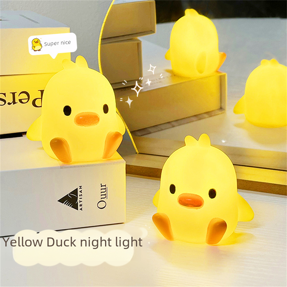 Gelbe Enten-Nachtlichter mit Text im Hintergrund.