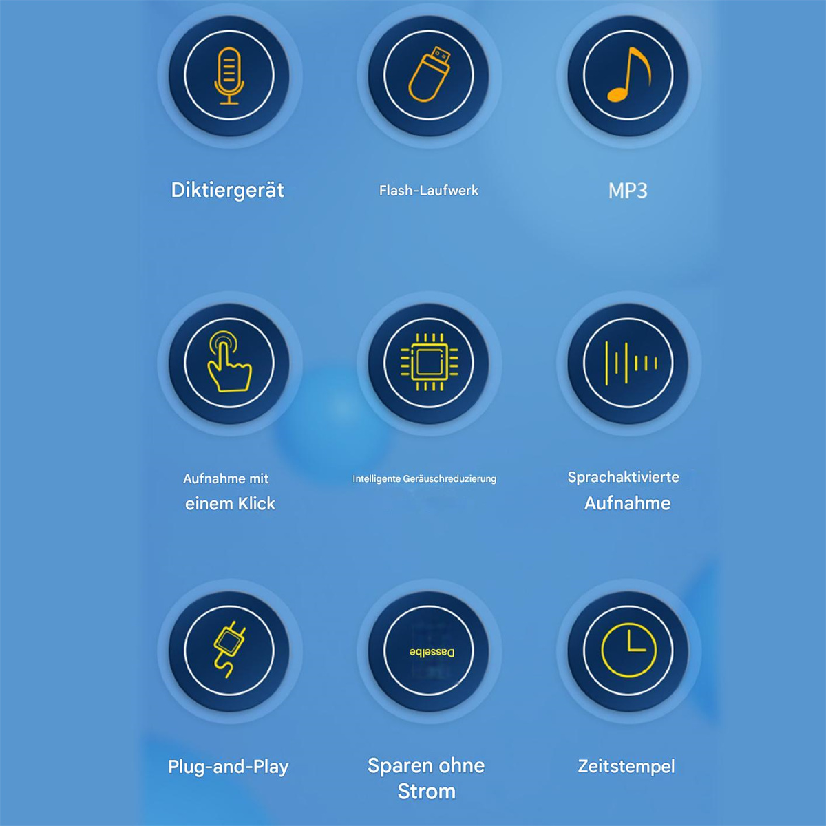 Symbole, die Funktionen eines Geräts veranschaulichen: Mikrofon, USB, Musiknote, Finger, Chip usw.