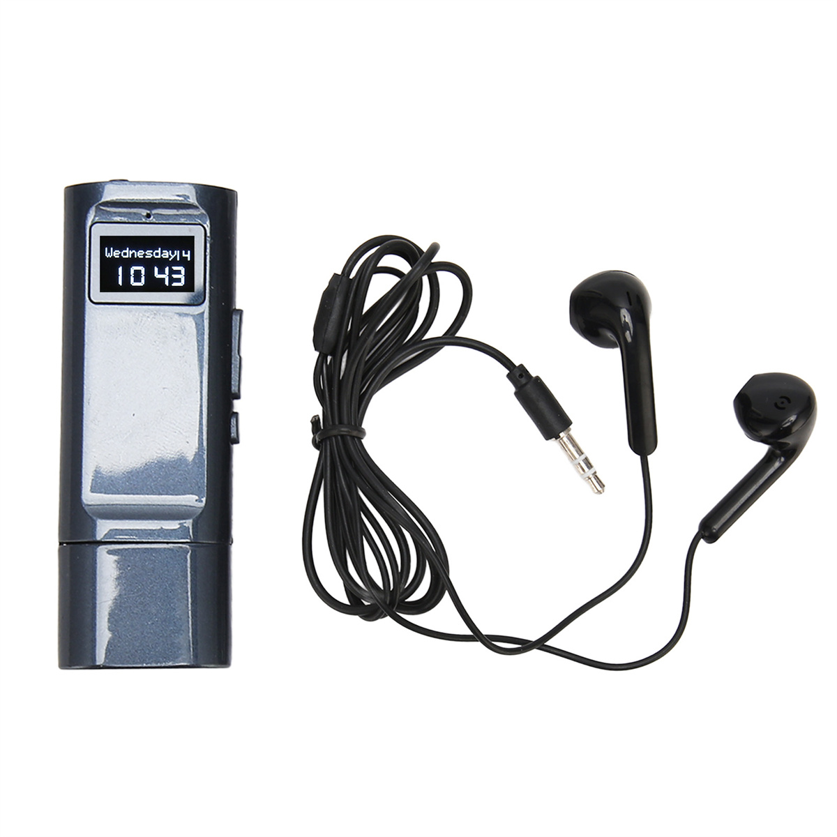 Kleiner grauer Audiorecorder mit Zeitanzeige und angeschlossenen schwarzen Ohrhörern.