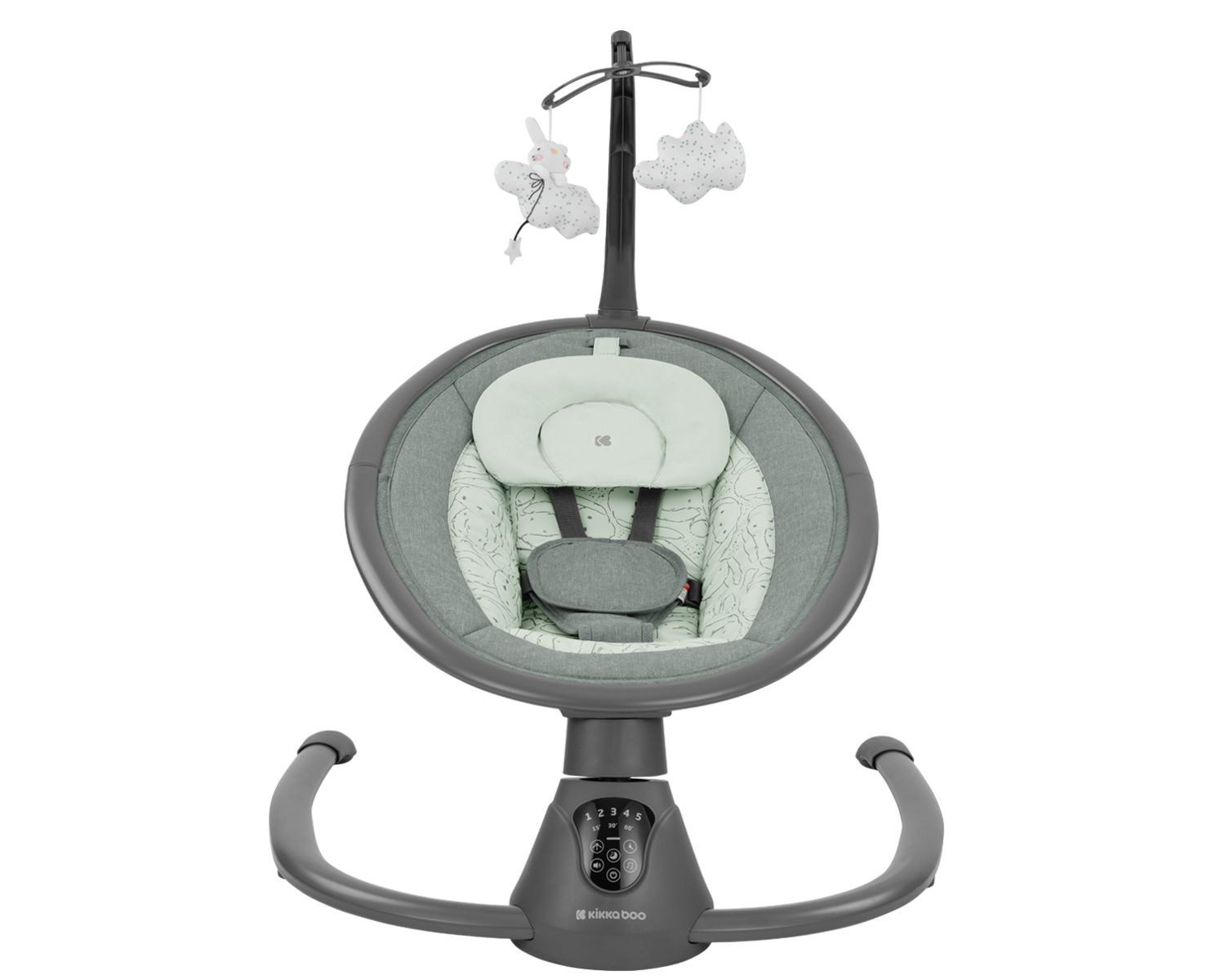 Babyschaukel mit grünem Sitz und hängendem Mobile mit Wolken- und Hasenspielzeug.