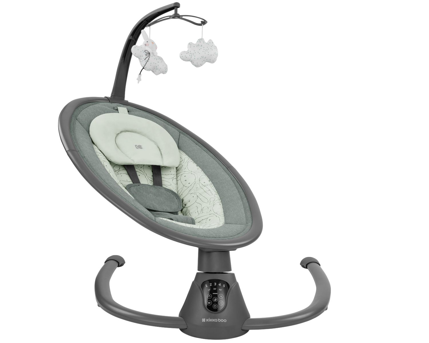 Babyschaukel, graues Gestell, mit grün gemustertem Sitz und Spielzeugmobile darüber.