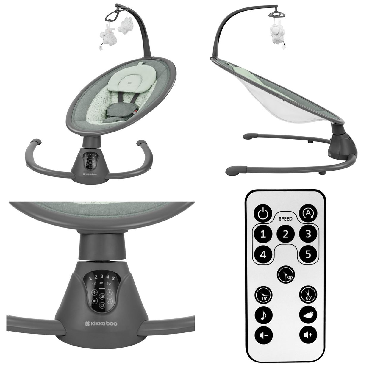 Babyschaukel mit Fernbedienung und Bedienelementen, grau mit Spielzeug.