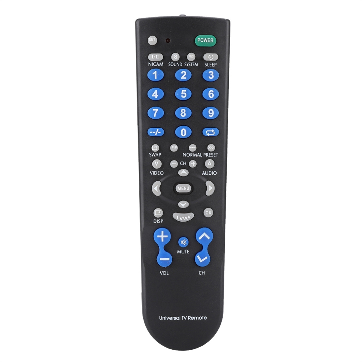 Schwarze TV-Fernbedienung mit beschrifteten Knöpfen. Enthält Zahlen 1-9, Power, Lautstärke, Kanal, Menü und Stumm.