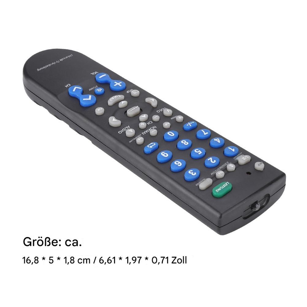 Schwarze Universalfernbedienung mit Knöpfen. Text: Größe: ca. 16,8*5*1,8 cm / 6,61*1,97*0,71 Zoll.