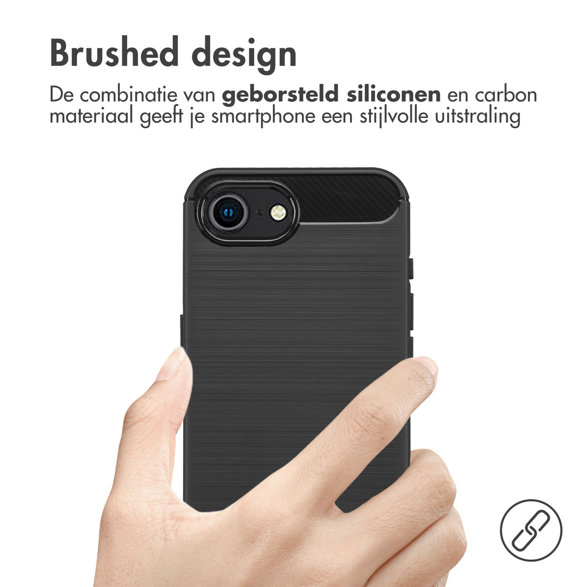 Mano che tiene una custodia nera per telefono. Il testo dice design spazzolato.