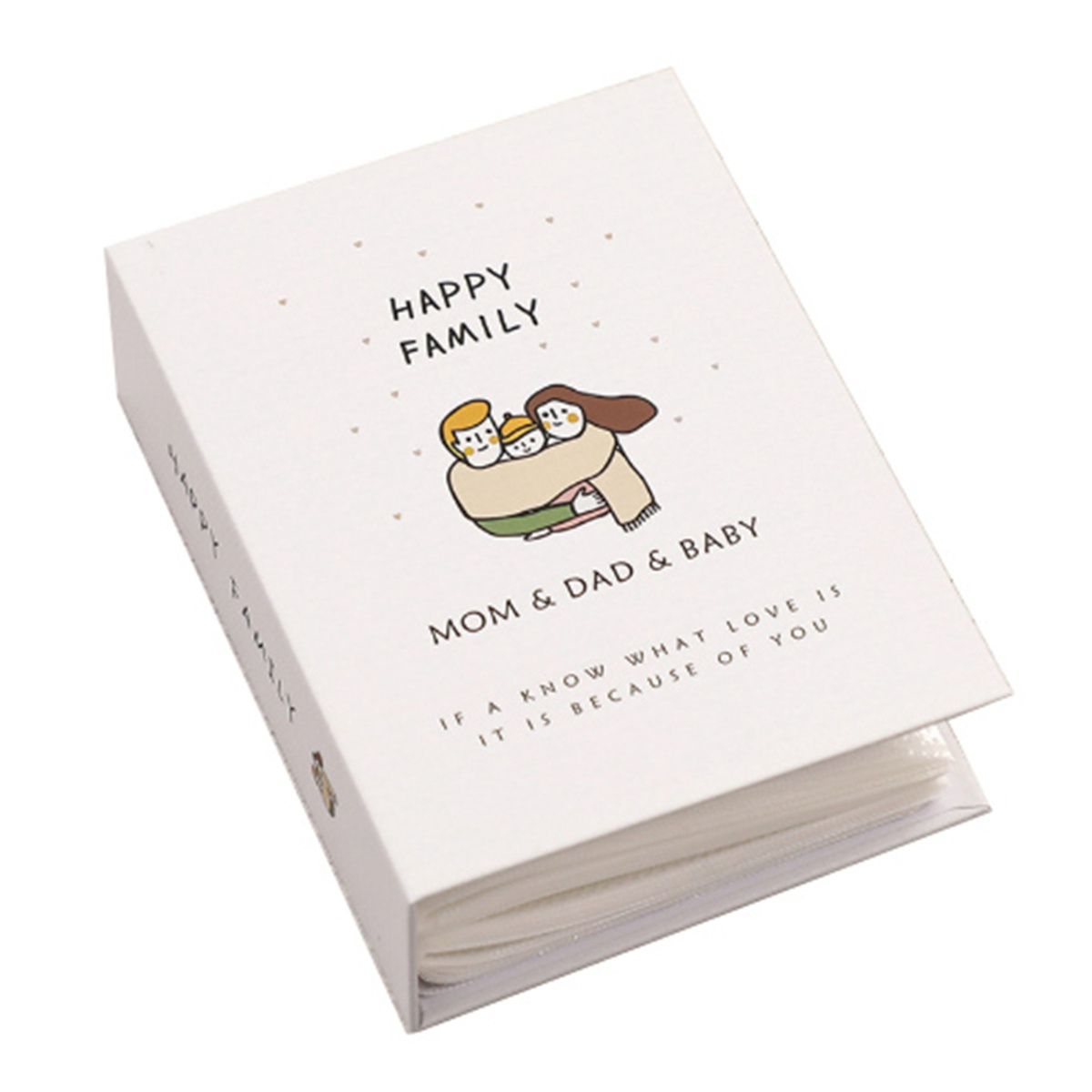 Weißer Fotoalbum-Einband mit Familienillustration und Text.