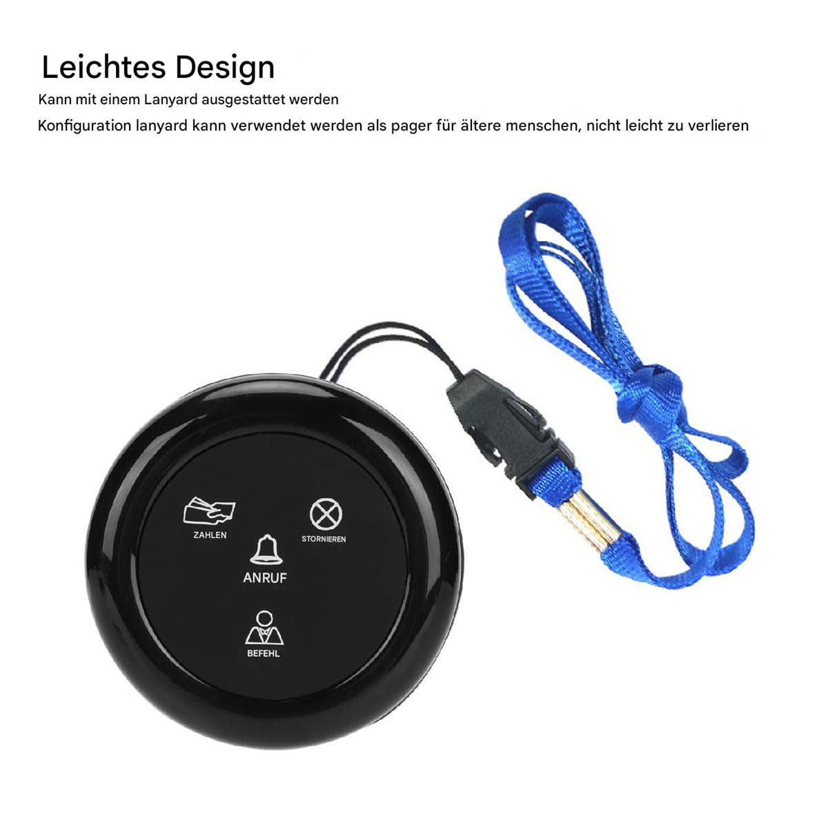 Schwarzes kreisförmiges Gerät mit Knöpfen und einem blauen Umhängeband. Text auf Deutsch.