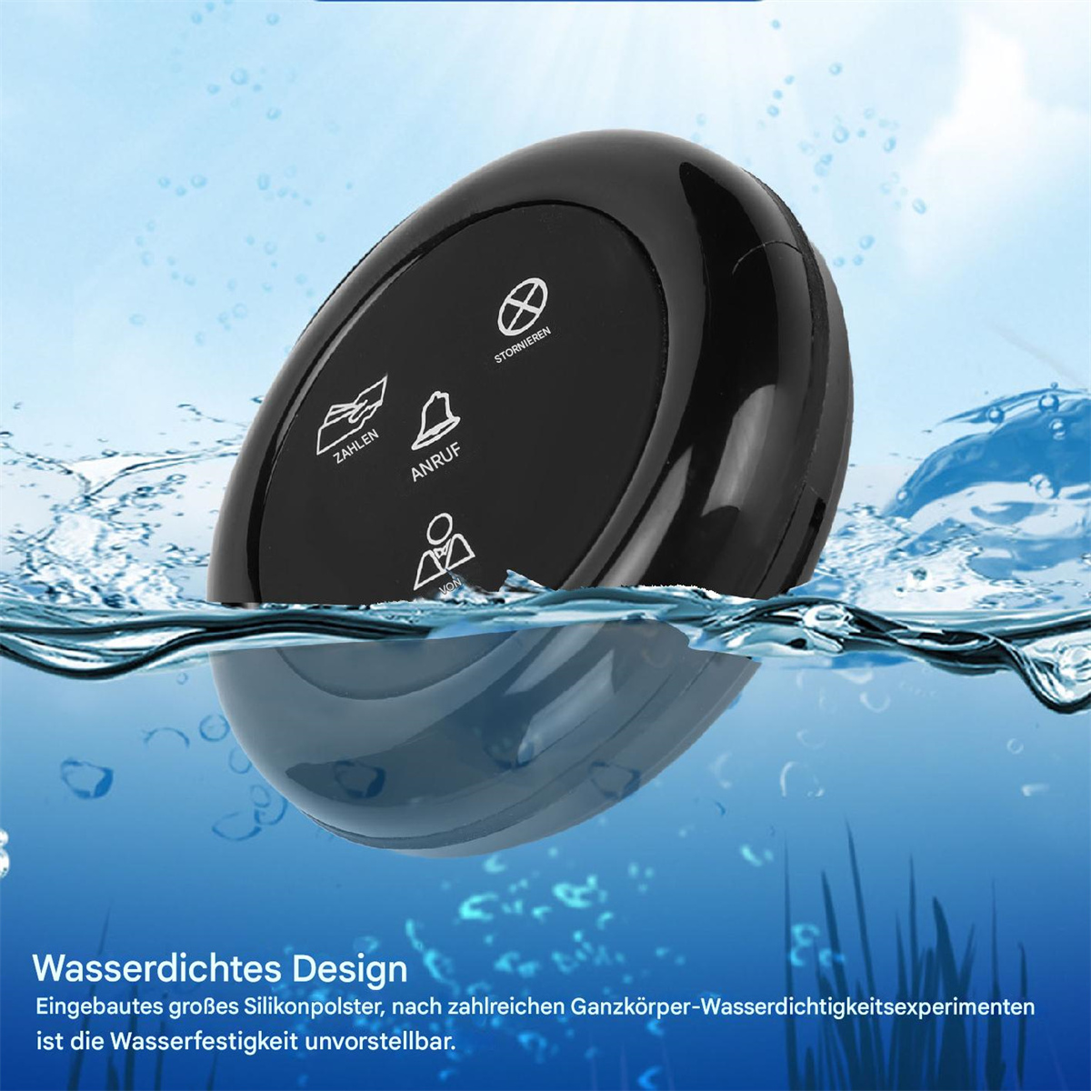 Schwarzes wasserdichtes Gerät unter Wasser, mit Symbolen und Text darauf.