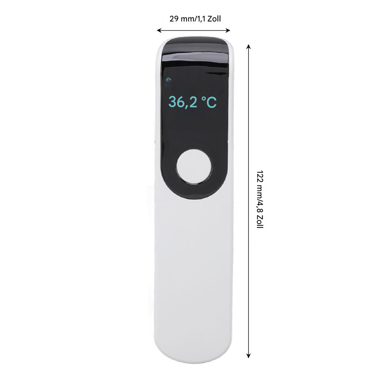 Weißes und schwarzes digitales Thermometer, das 36,2°C anzeigt, mit Abmessungen in mm/Zoll.