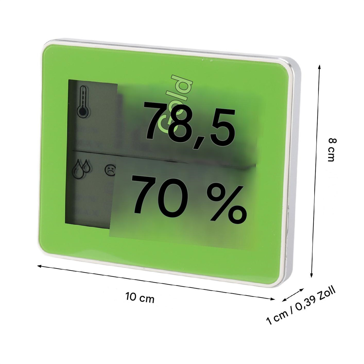 Ein grünes digitales Thermometer zeigt 78,5 und 70 % an, mit Abmessungen und Symbolen.