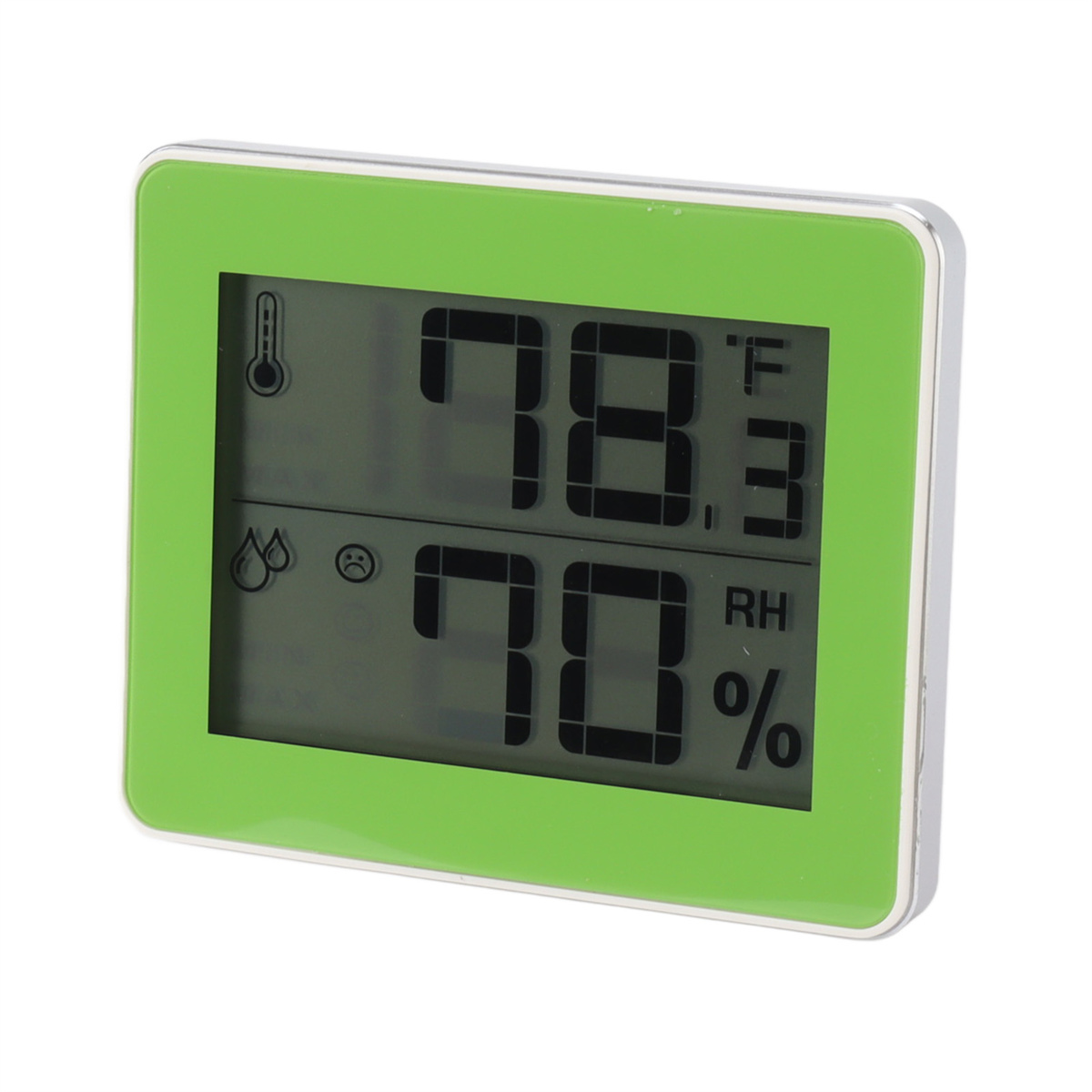 Digitales Thermometer mit grünem Rahmen, das 78,3°F und 70 % rel. Luftfeuchtigkeit anzeigt.
