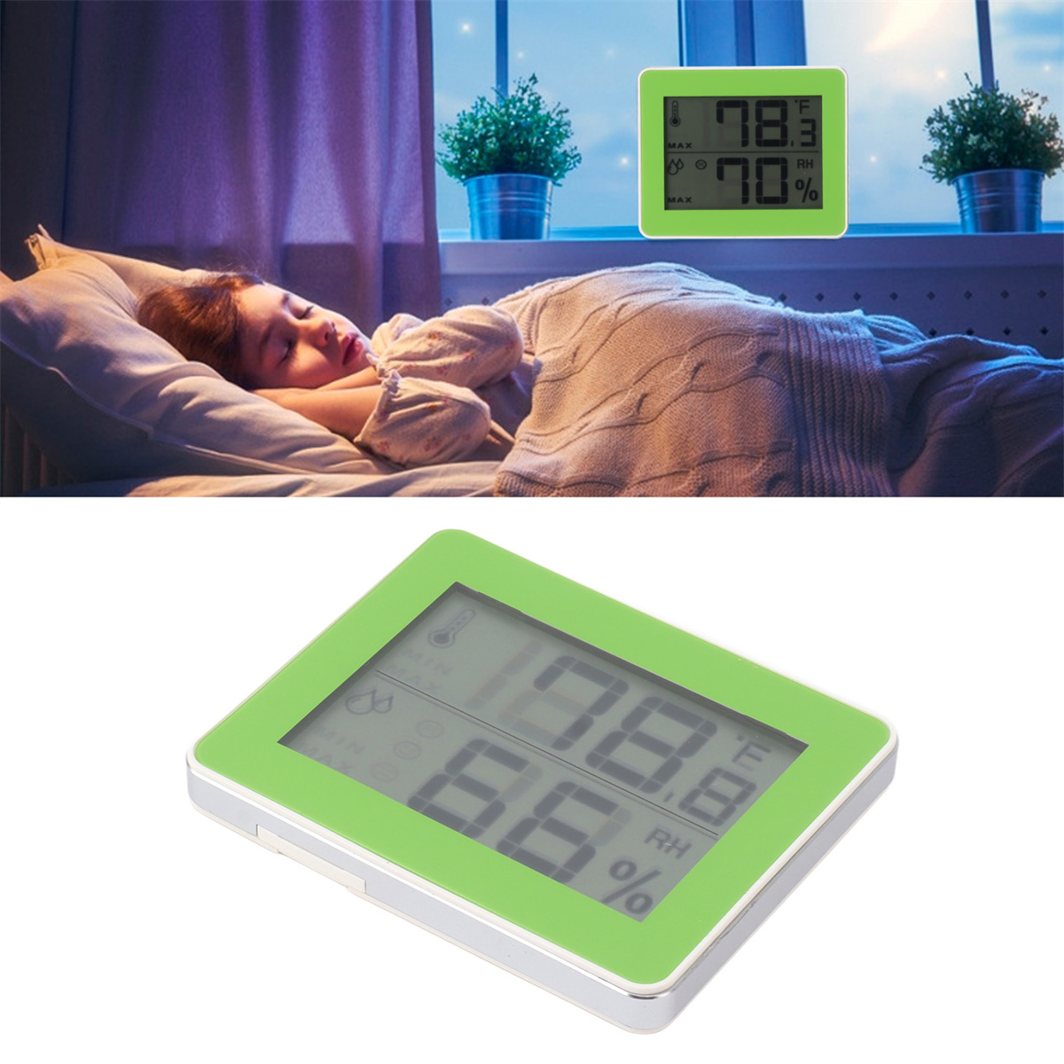 Schlafendes Mädchen, grünes Thermometer zeigt Temperatur und Feuchtigkeit. Zusätzliches Thermometer.