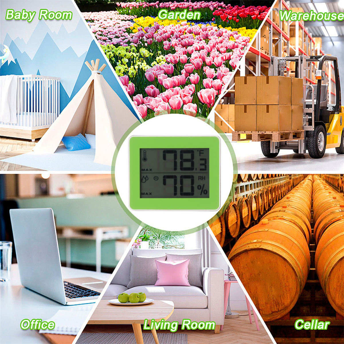 Collage verschiedener Szenen: Babyzimmer, Garten, Lager, Büro, Wohnzimmer und Keller.