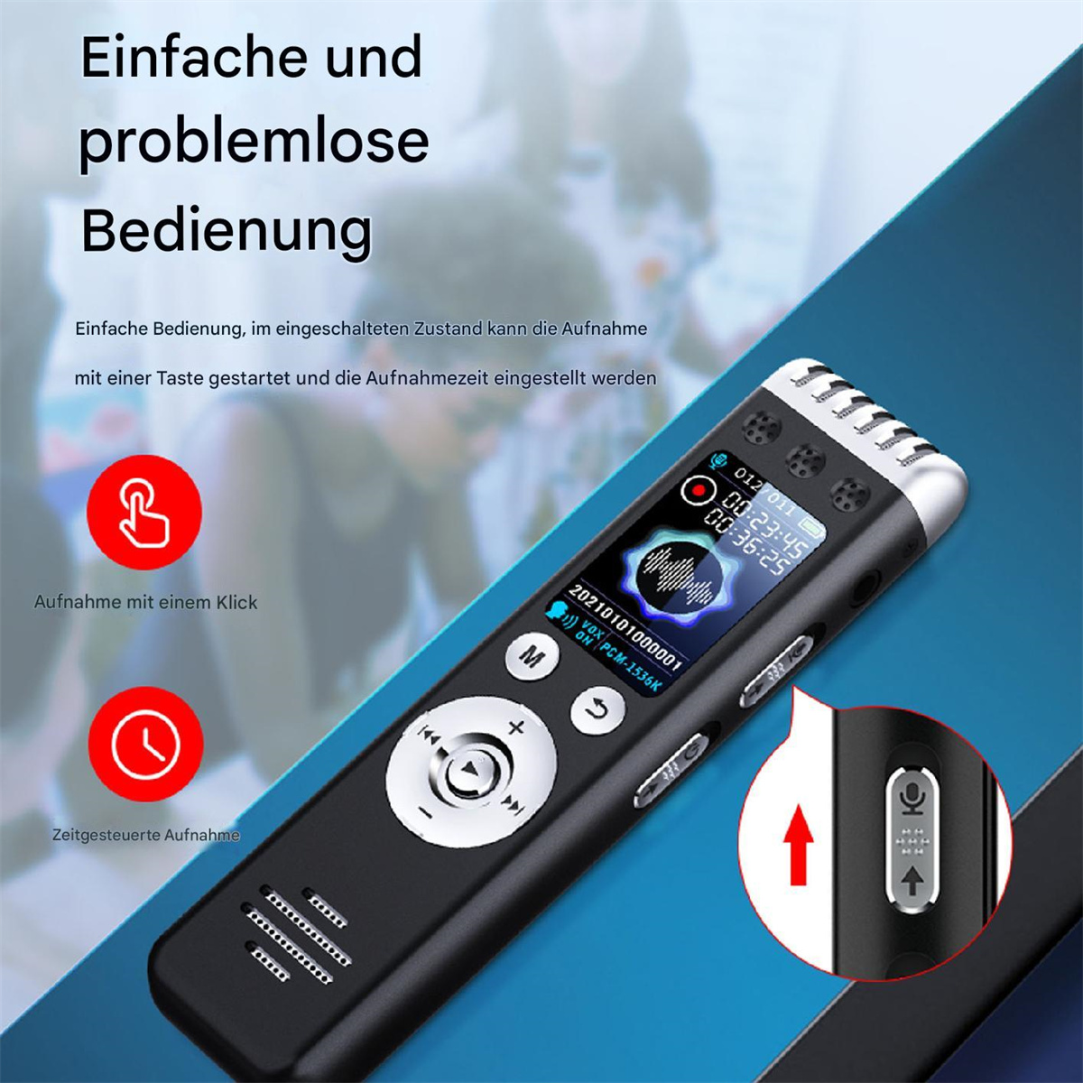 Schwarzes Aufnahmegerät mit Bildschirm, Knöpfen und rotem Symbol. Text sagt 'Einfache und problemlose Bedienung'.