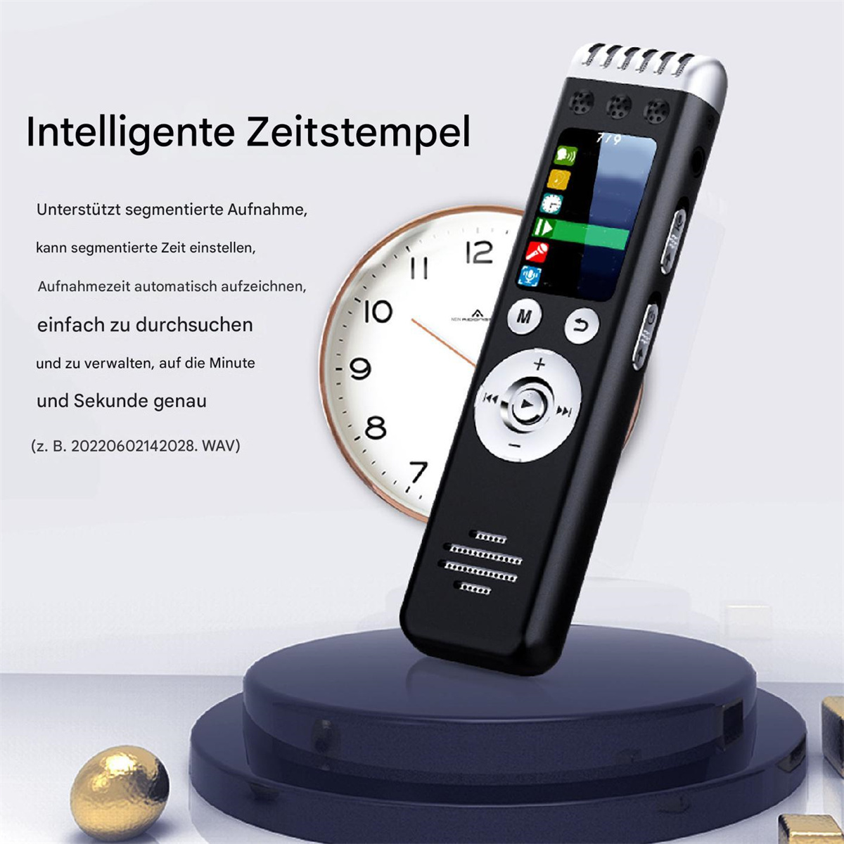 Ein schwarzes digitales Diktiergerät mit Uhr, auf einer dunkelblauen Plattform.