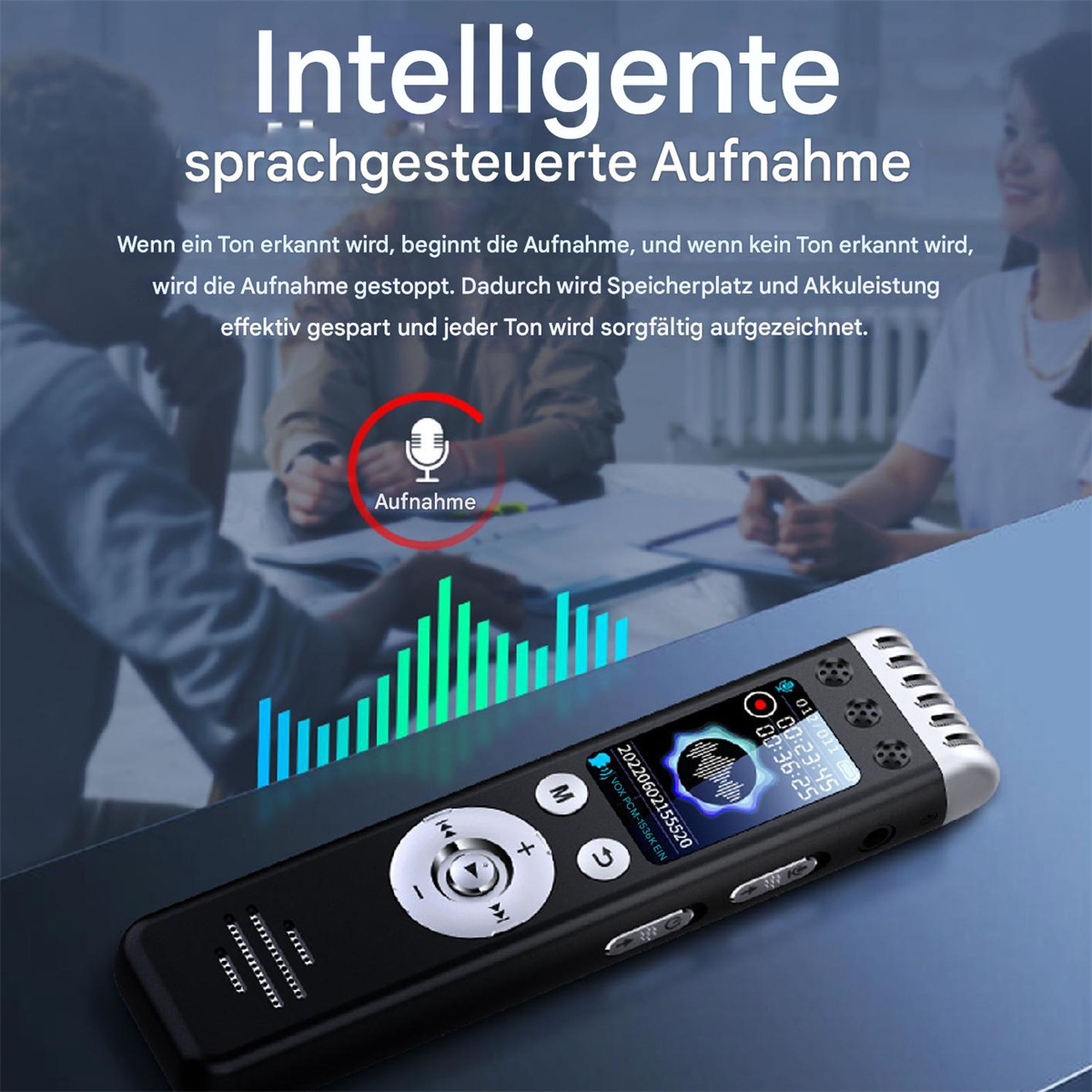 Ein schwarzes Aufnahmegerät mit Bildschirm, das eine Aufnahme und eine Schallwelle zeigt. Text auf Deutsch.