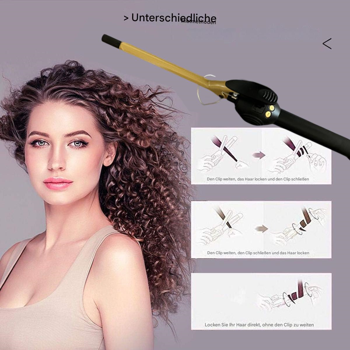 Eine Frau mit lockigem Haar und ein Lockenstab. Anweisungen zeigen, wie man Haare lockt. Das Bügeleisen ist schwarz und goldfarben.