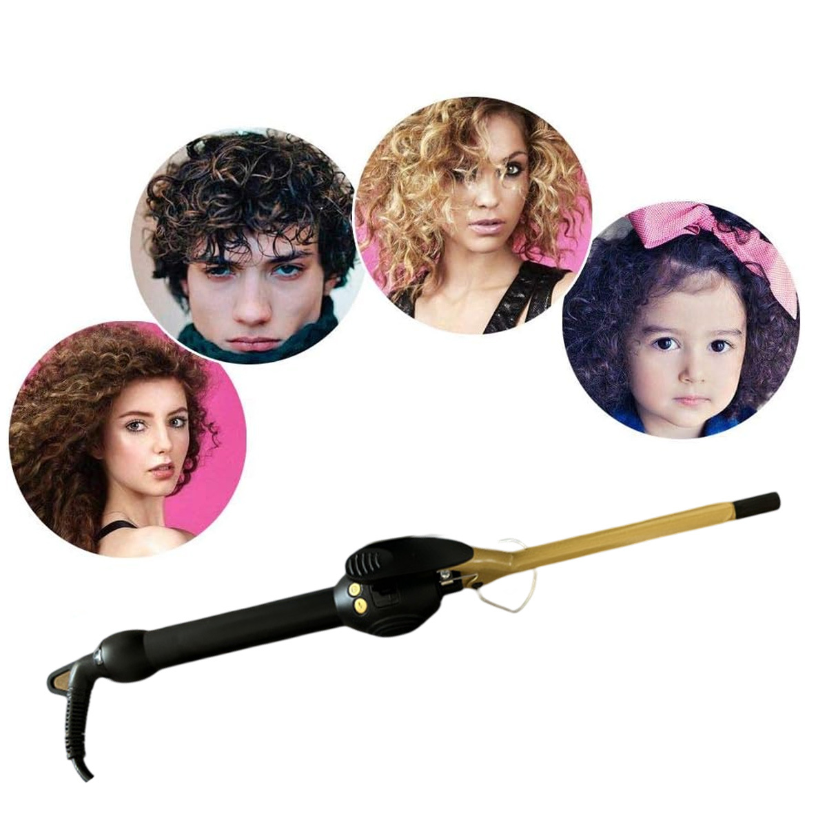 Ein Lockenstab mit mehreren Gesichtern mit lockigen Frisuren. Das Bügeleisen ist schwarz und gold.