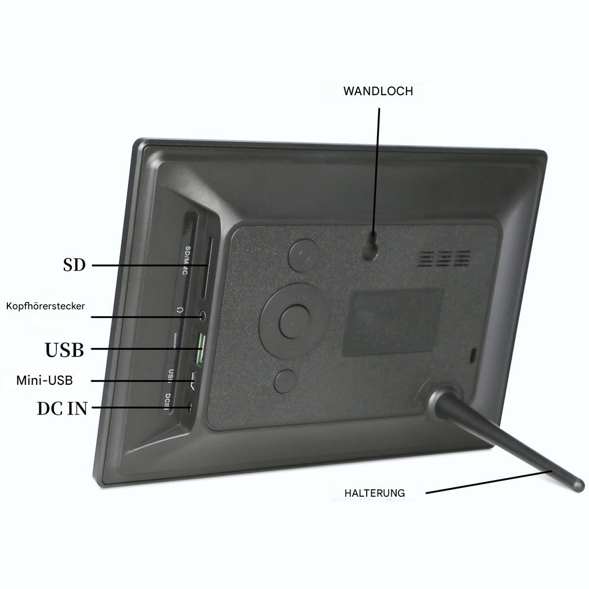 Digitaler Bilderrahmen von hinten. Er hat Tasten, Anschlüsse und einen Ständer. Die Wörter SD, USB, DC IN sind sichtbar.