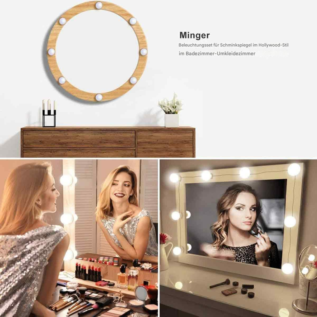 Spiegel mit Lichtern, eine Frau davor. Make-up-Artikel auf einem Tisch.