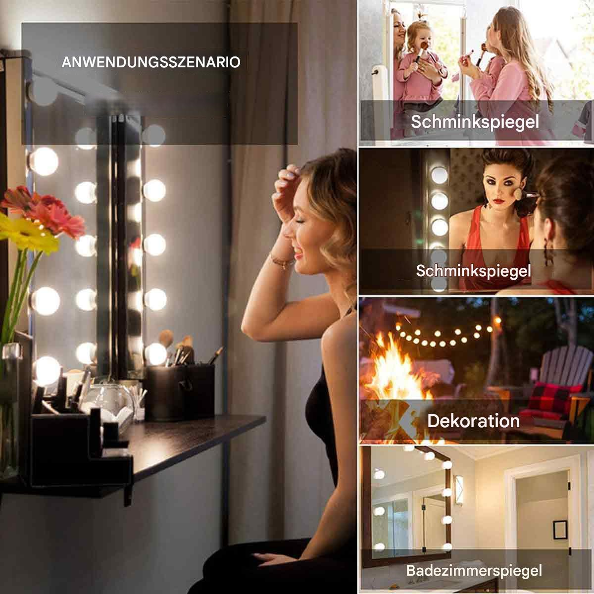Ein Schminkspiegel mit Lichtern, mit zusätzlichen Bildern, die verschiedene Anwendungen zeigen: Make-up und Dekoration.