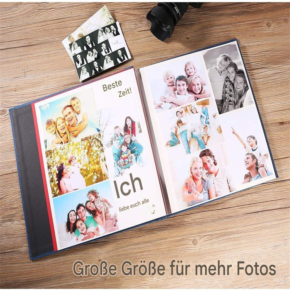 Geöffnetes Fotoalbum mit Fotos, Text auf Deutsch und Fotos von Menschen.