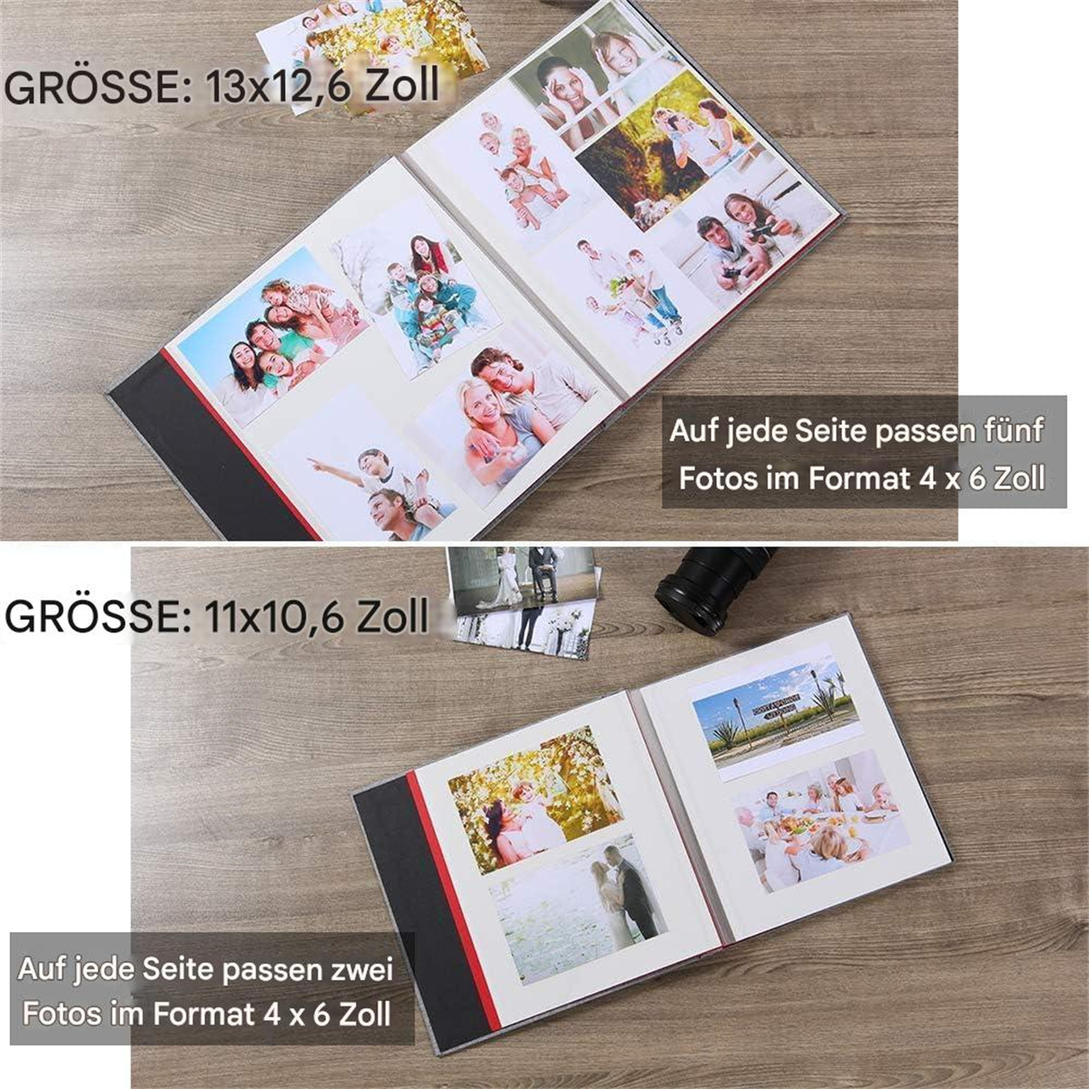 Zwei Fotoalben geöffnet, Fotos zeigend. Text: 'Fotos im Format 4 x 6 Zoll' auf jeder Seite.