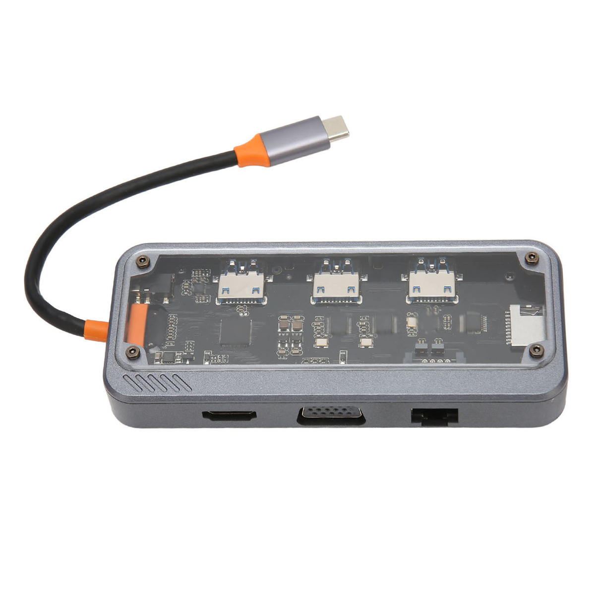 Grauer USB-Hub mit mehreren Anschlüssen. Eine transparente Oberseite zeigt interne Schaltkreise.