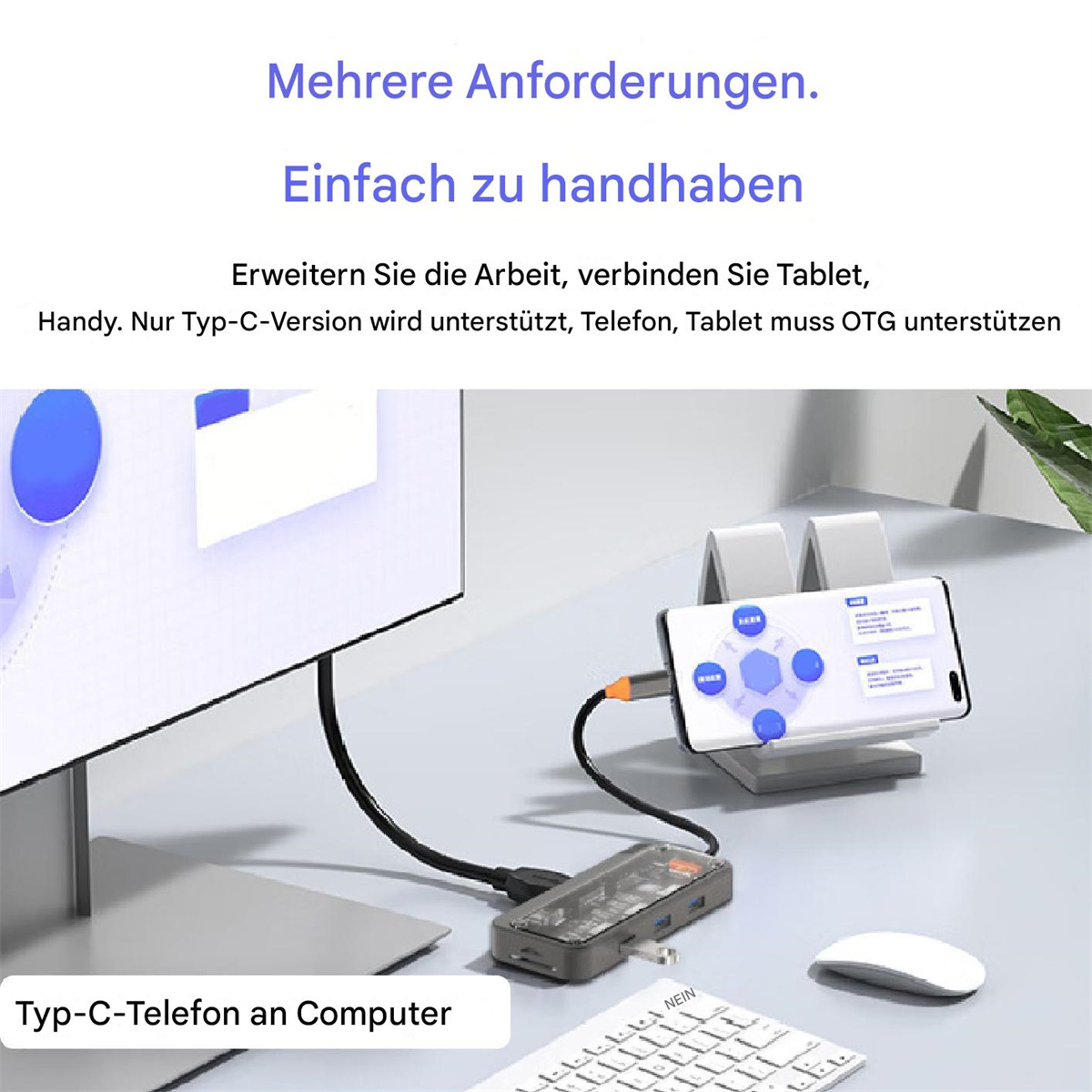 Ein Desktop-Setup mit Monitor, Telefon an Hub und Maus.