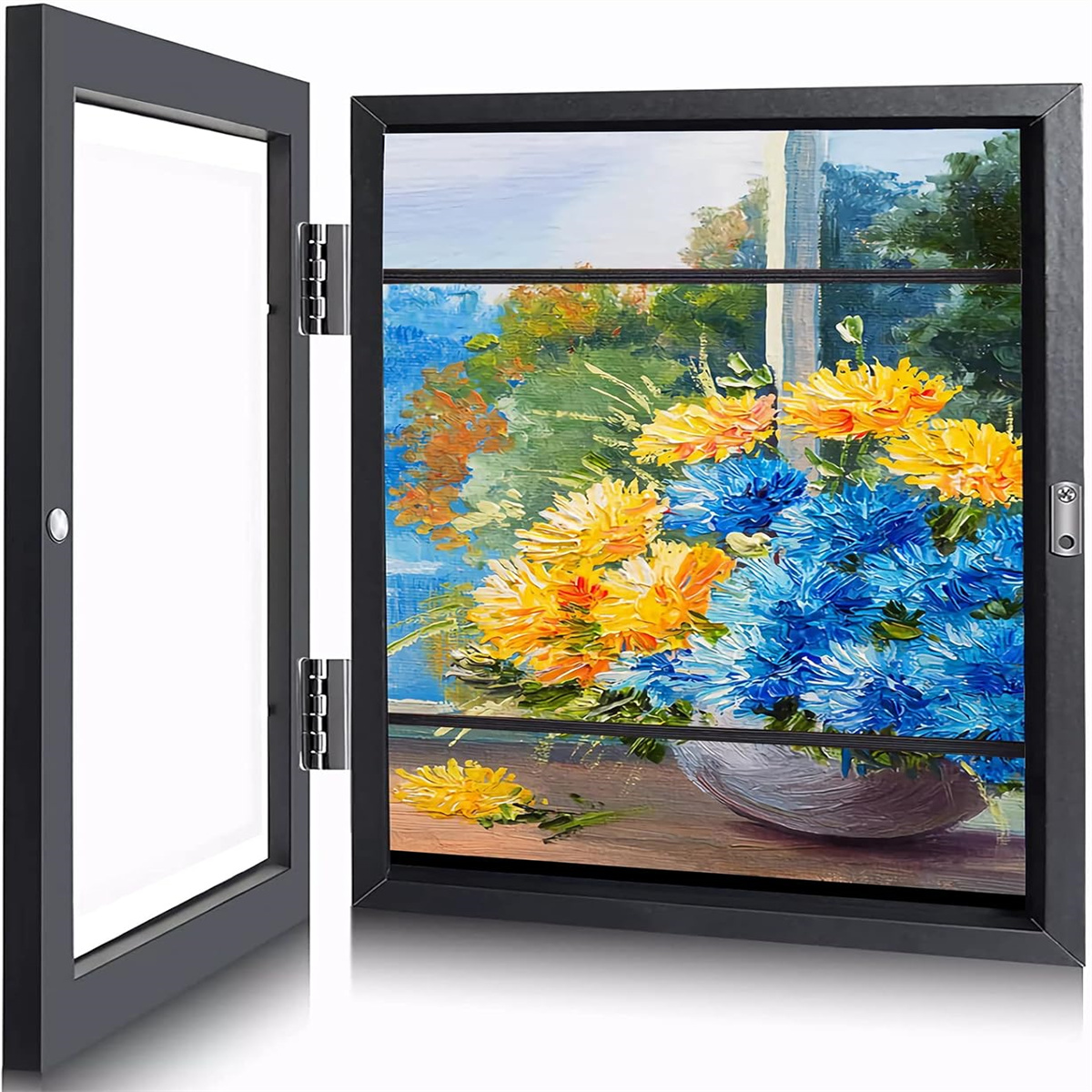 Ein geöffneter Kunstrahmen mit einem Blumengemälde, mit einem aufklappbaren Rahmen. Blaue und gelbe Blumen.