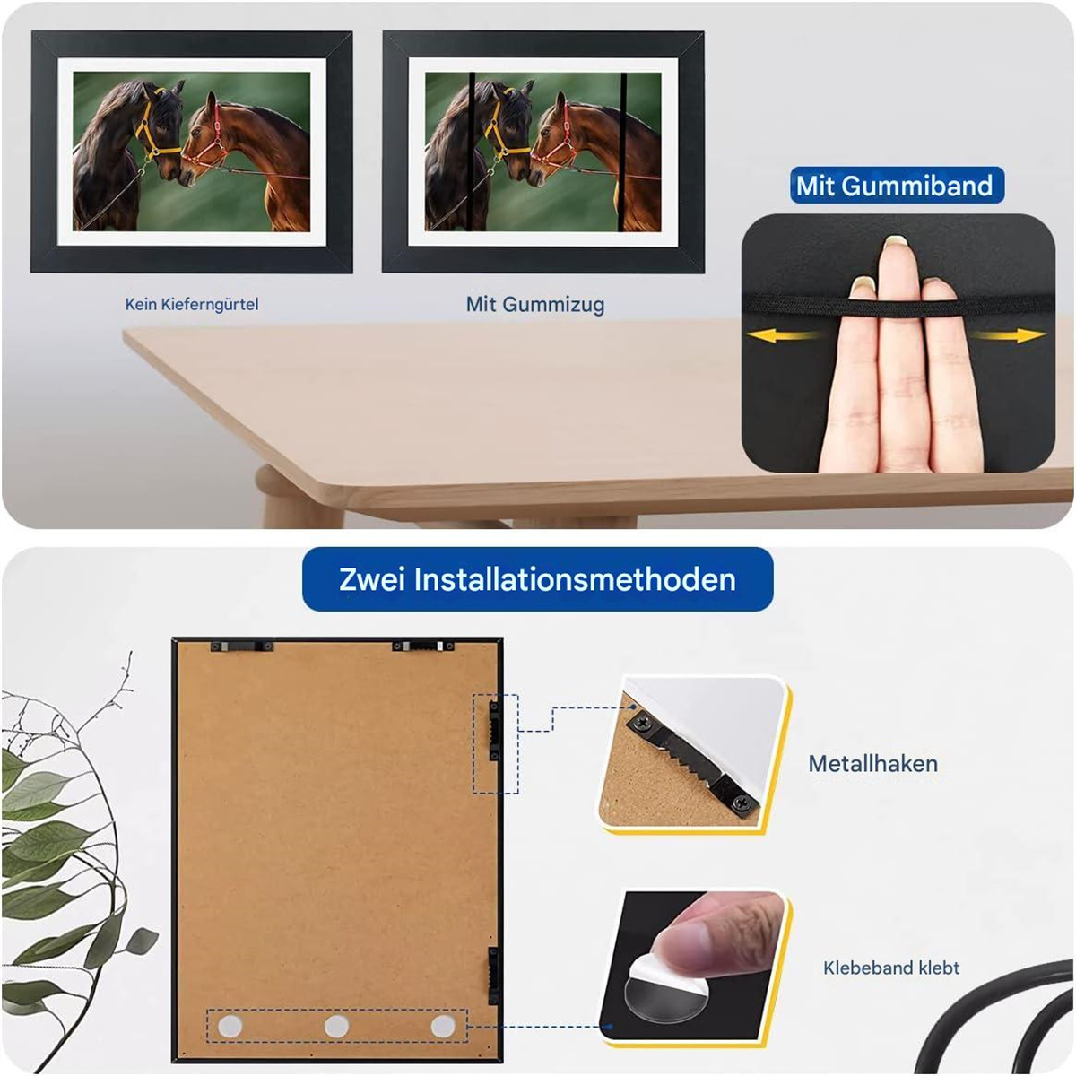 Zwei gerahmte Pferdebilder und Details zur Aufhängung mit Haken oder Klebeband.