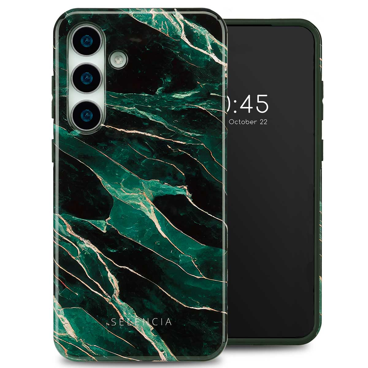 Telefoonhoesje met groen marmer design en telefoon met tijdweergave.