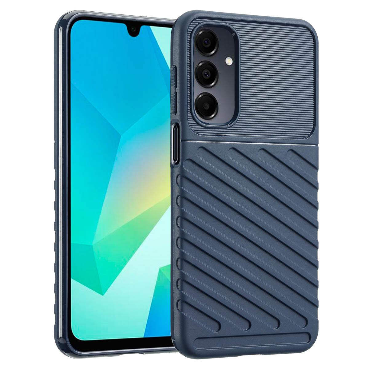 Blauw telefoonhoesje met textuur en drie camera's.
