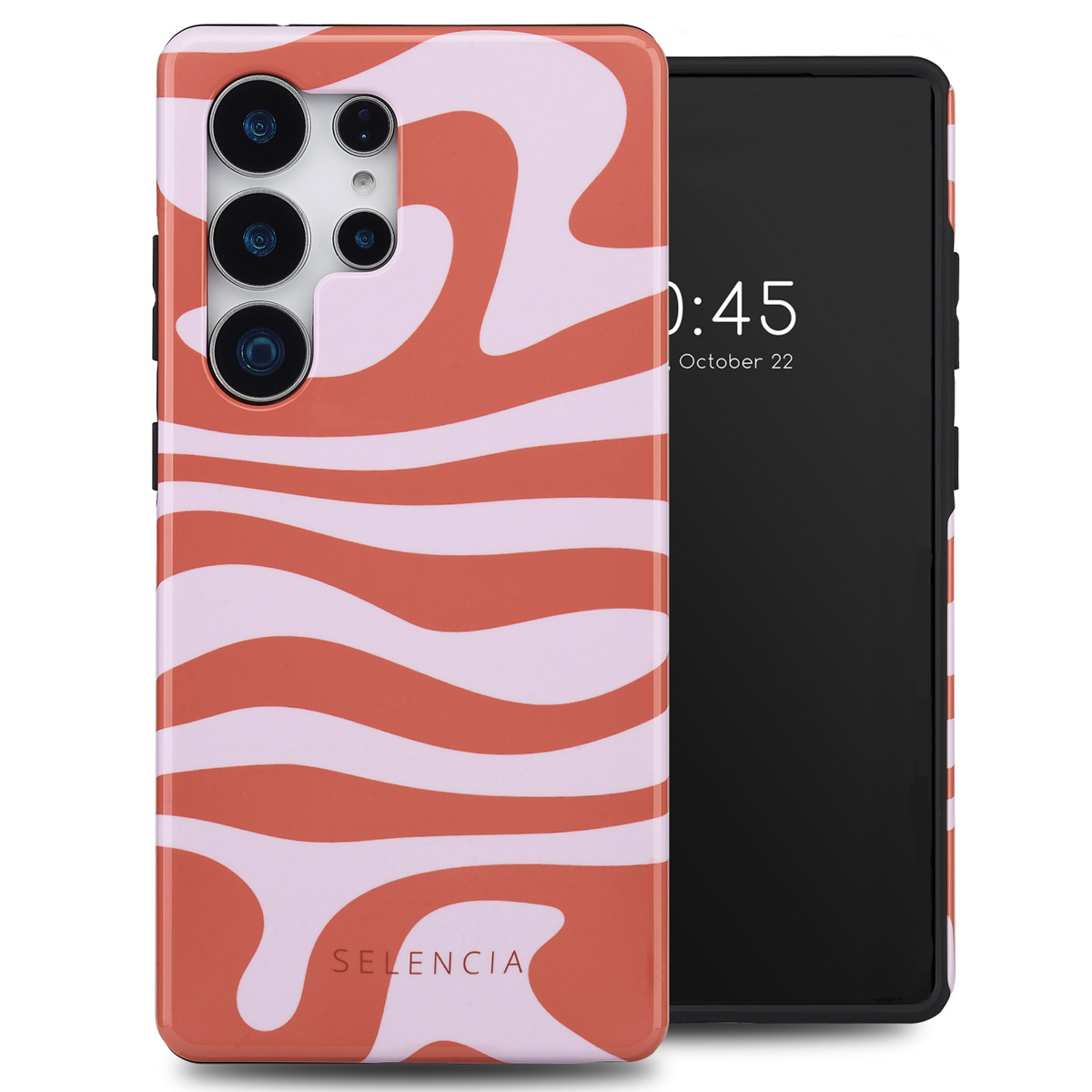 Telefoon met oranje en witte hoes, telefoon rechts met zwart scherm.