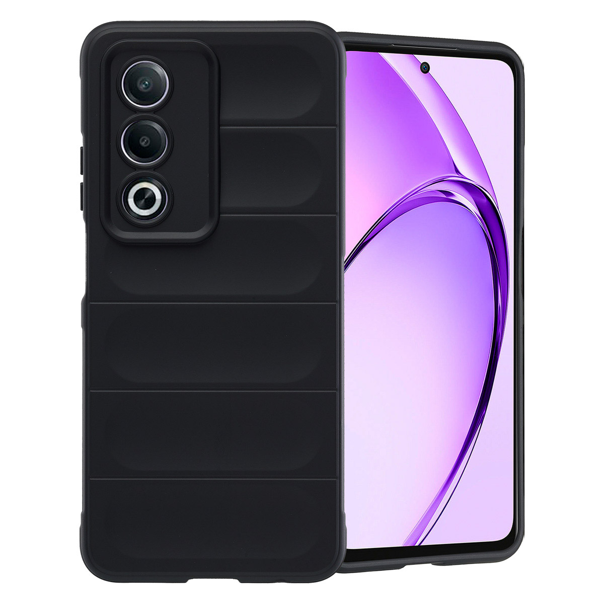Coque de téléphone noire avec téléphone à l'intérieur. Design strié et trois caméras.
