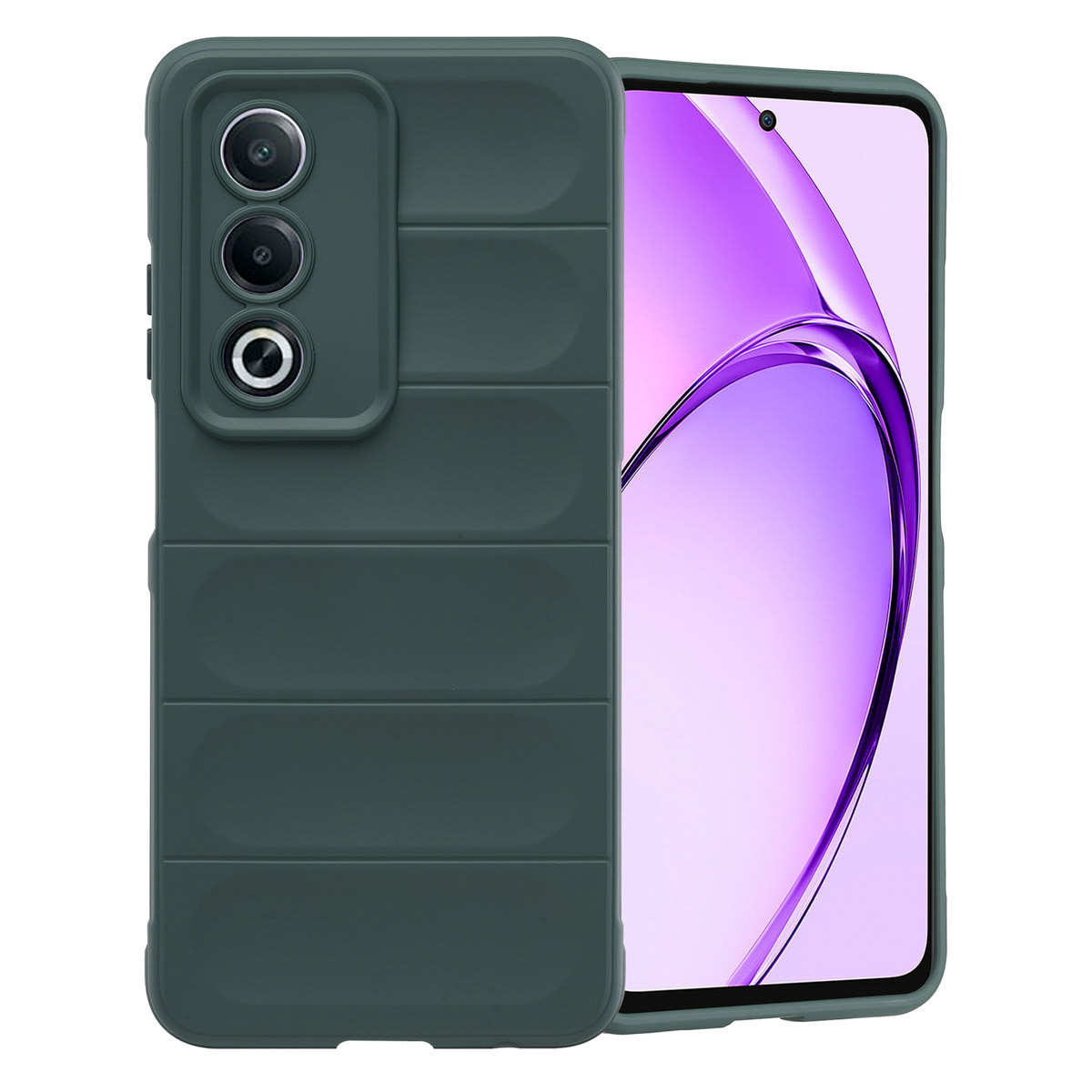 Coque verte avec triple caméra en haut à gauche. L'écran affiche du violet. Fond blanc.