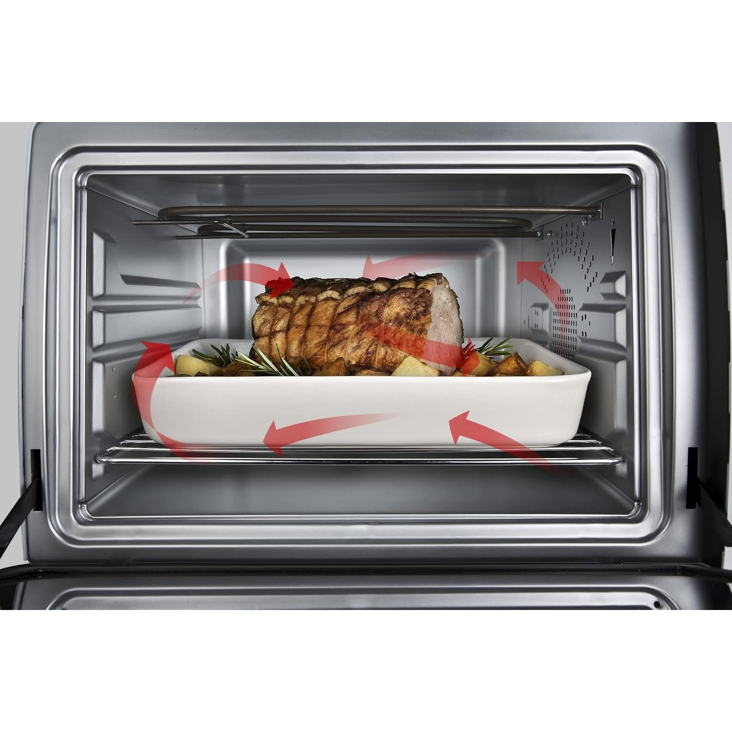 Pieczeń w piekarniku ze strzałkami pokazującymi obieg ciepła. Biała miska z warzywami i mięsem.