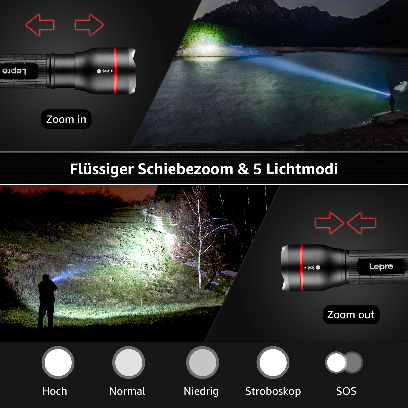 Schwarze Taschenlampe mit roten Akzenten, Zoom-In/Out-Symbolen und verschiedenen Lichtmodi. Eine Person benutzt sie im Hintergrund.