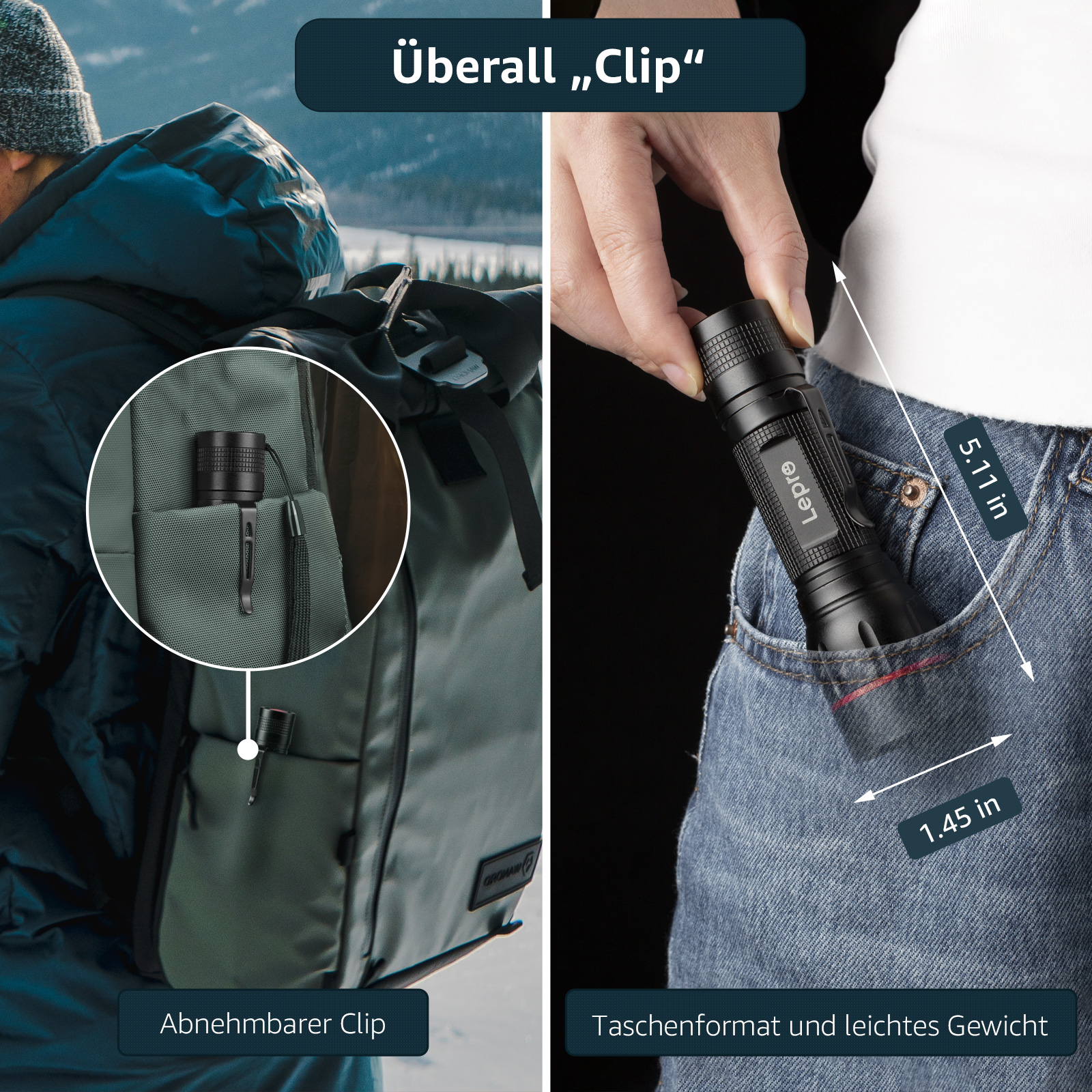 Eine schwarze Taschenlampe in der Tasche und in der Hand, mit dem Text Taschenformat...