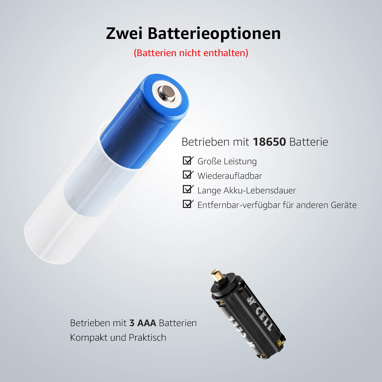 Zwei Batterien und Text dazu. Eine ist blau-weiß, die andere schwarz.