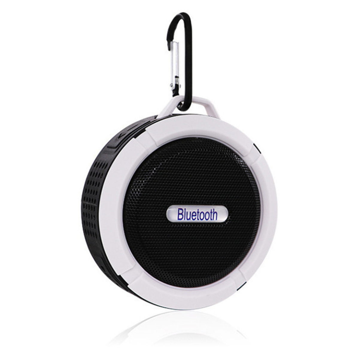 Runder schwarz-weißer Bluetooth-Lautsprecher mit Karabinerhaken, weißer Hintergrund.