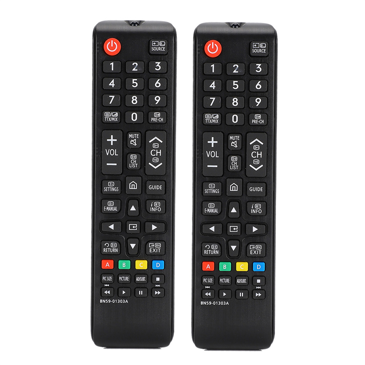 Zwei schwarze TV-Fernbedienungen mit vielen Tasten auf weißem Hintergrund.