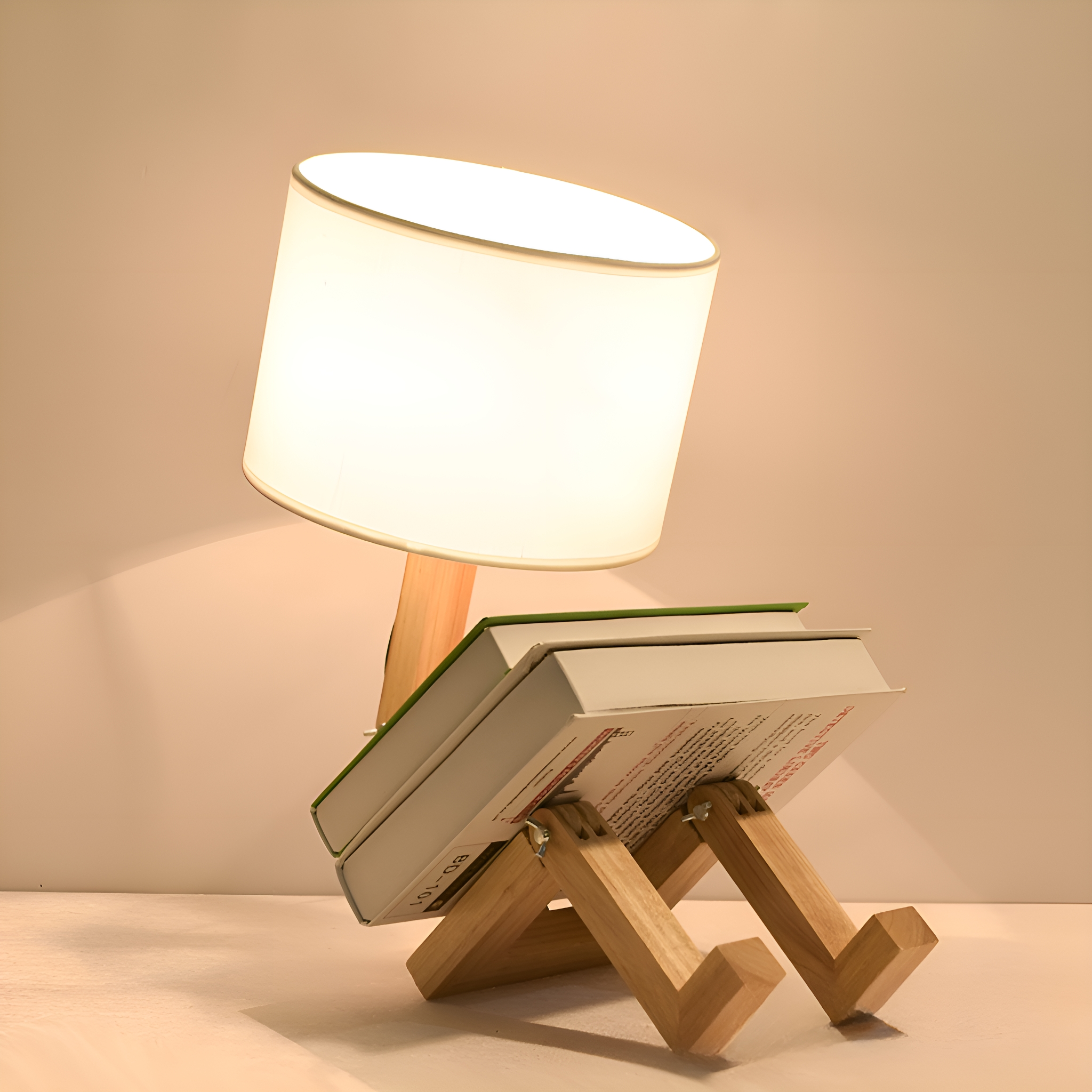 Eine Lampe mit weißem Schirm steht auf einem Holzständer, der Bücher hält.